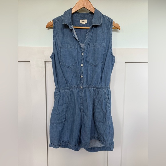 Pact Sleeveless Denim Romper  Women’s Small Organic Cotton Chambray Button Up - Picture 1 of 8
